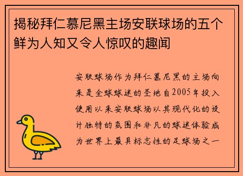揭秘拜仁慕尼黑主场安联球场的五个鲜为人知又令人惊叹的趣闻 揭秘拜仁慕尼黑主场安联球场的五个鲜为人知又令人惊叹的趣闻