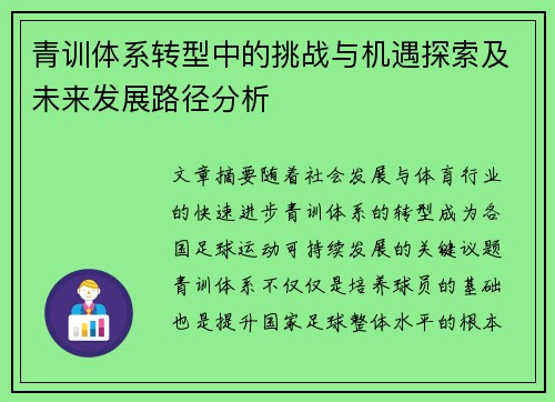 青训体系转型中的挑战与机遇探索及未来发展路径分析