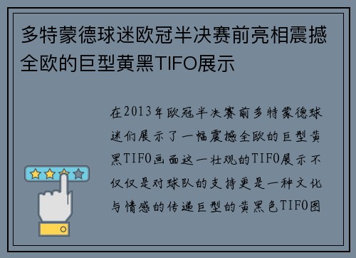 多特蒙德球迷欧冠半决赛前亮相震撼全欧的巨型黄黑TIFO展示